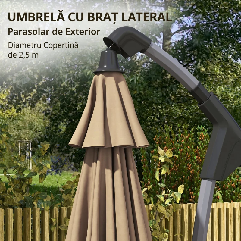 Outsunny Umbrelă de grădină suspendată 2.7m, deschidere cu manivelă și 16 spițe din fibră de sticlă, culoare kaki