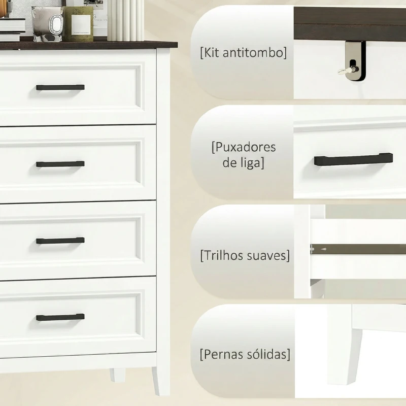 HOMCOM Cómoda 4 Gavetas Cómoda de Dormitório Estreita e Alta com Bancada com Efeito Madeira 60x35x87 cm Branco