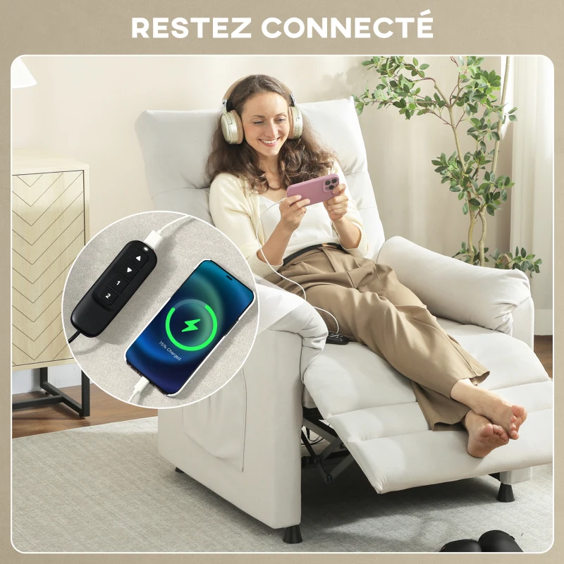 HOMCOM Fauteuil relax électrique massant et chauffant, fauteuil inclinable, repose-pieds, moteur silencieux, 82x99x106cm, crème