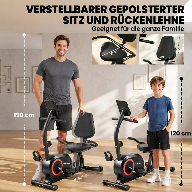 SPORTNOW Liegeergometer für Zuhause mit 8 verstellbar Widerstandsstufe Magnetbremse APP Pulssensor LCD-Display Fußriemen