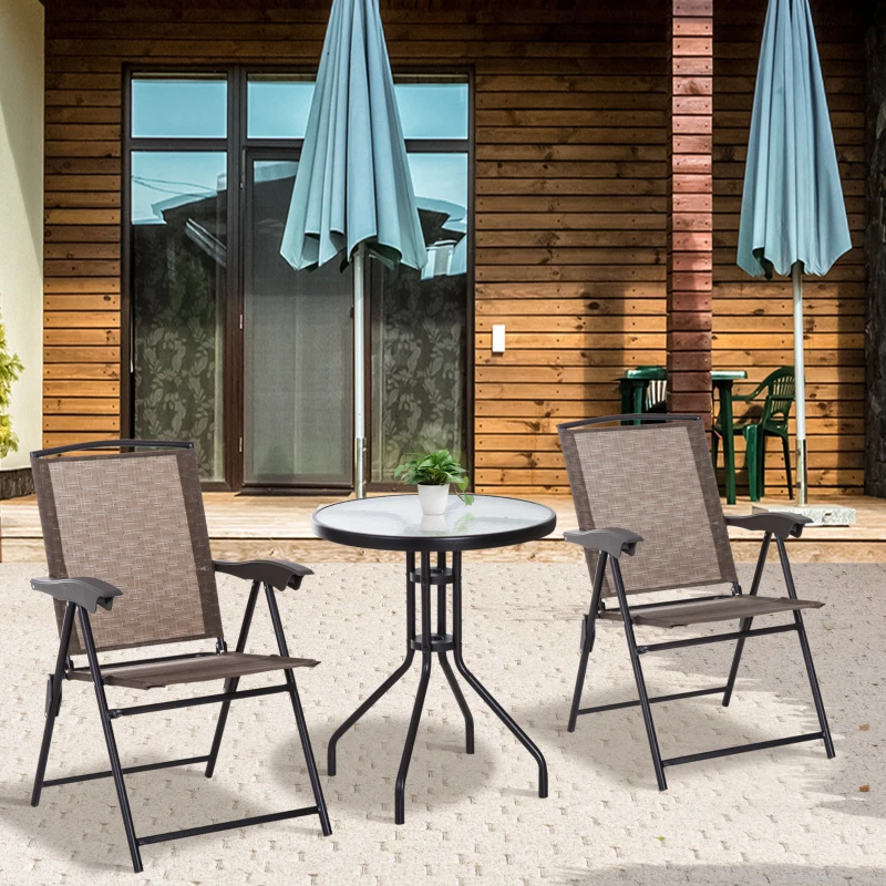 Outsunny Conjunto Mesa y 2 Sillas Muebles para Jardín Exterior Patio Terraza Silla Plegable Respaldo Reclinable a 4 Niveles Texteline Marco Acero Marrón