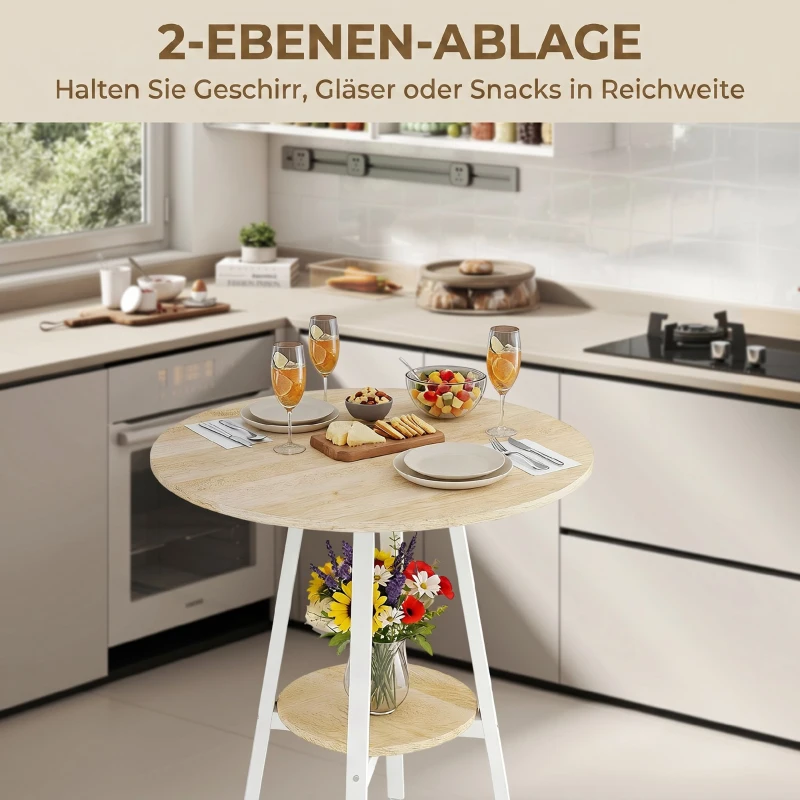 HOMCOM Tavolo Alto Rotondo con Mensola, Tavolo Moderno per Cucina o Sala da Pranzo, per 2 Persone, Naturale e Bianco