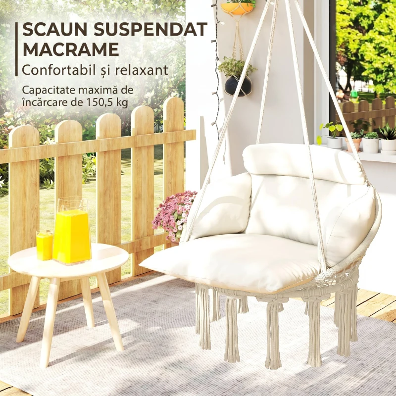 Outsunny Fotoliu Suspendat în Stil Boho cu Pernă, din Oțel, Bumbac și Poliester, 80x60x40 cm, Alb Crem(m-9)