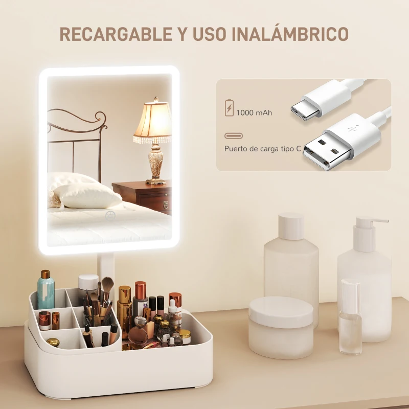 HOMCOM Espejo Maquillaje con Luz Recargable con 2 Modos de Iluminación Rotación de 180° Brillo Ajustable Blanco