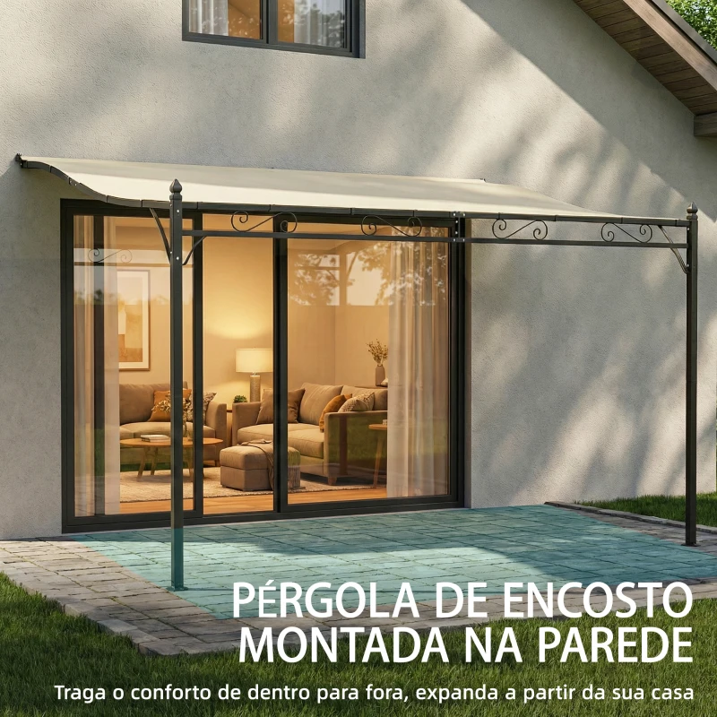Outsunny Pérgola de Parede 2,5x3,5 m com Teto Inclinado Orifícios de Drenagem e Estrutura Metálica Creme