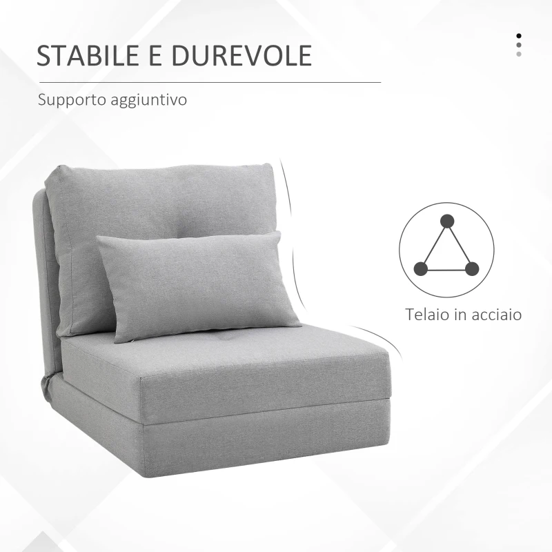 HOMCOM Poltrona Letto 3 in 1 Convertibile in Chaise Longue e Divano da Terra con 2 Cuscini, Grigio Chiaro