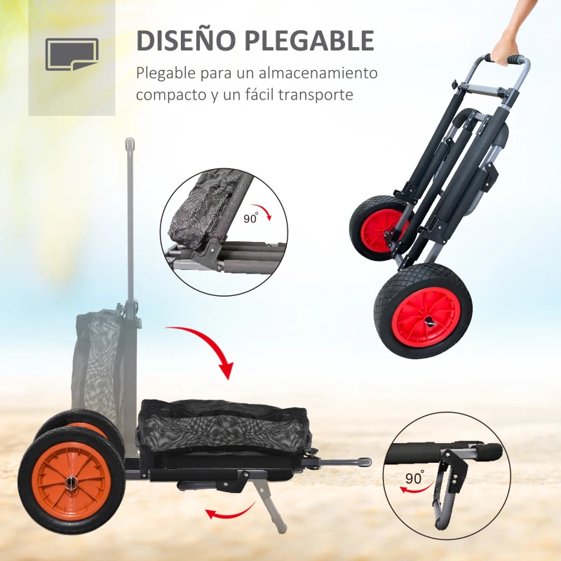 SPORTNOW Carro Playa Plegable Carro Transporte con Grandes Ruedas de 30 cm para Todo Terreno con Bolsillo y Mango Telescópica