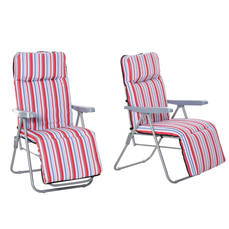 Outsunny 2 Tumbonas de Jardín de Acero con Cojín Acolchado Respaldo Ajustable y Reposapiés 60x75x65-102 cm Rayas Rojo