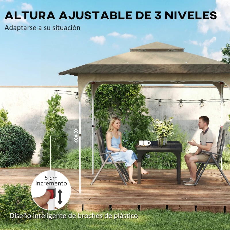 Outsunny Carpa Plegable 3,5x3,5 m Pop-up con Altura Ajustable 3 Niveles Doble Techo Cierre Central y Bolsa UPF50+ Caqui