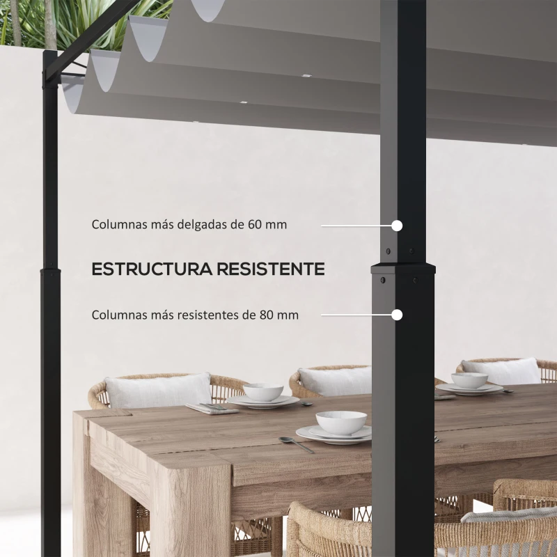 Outsunny Pérgola de Jardín 3x3 m con Techo Retráctil y Accesorio Magnético Protección UV30+ Columnas Metálicas y Ganchos Gris