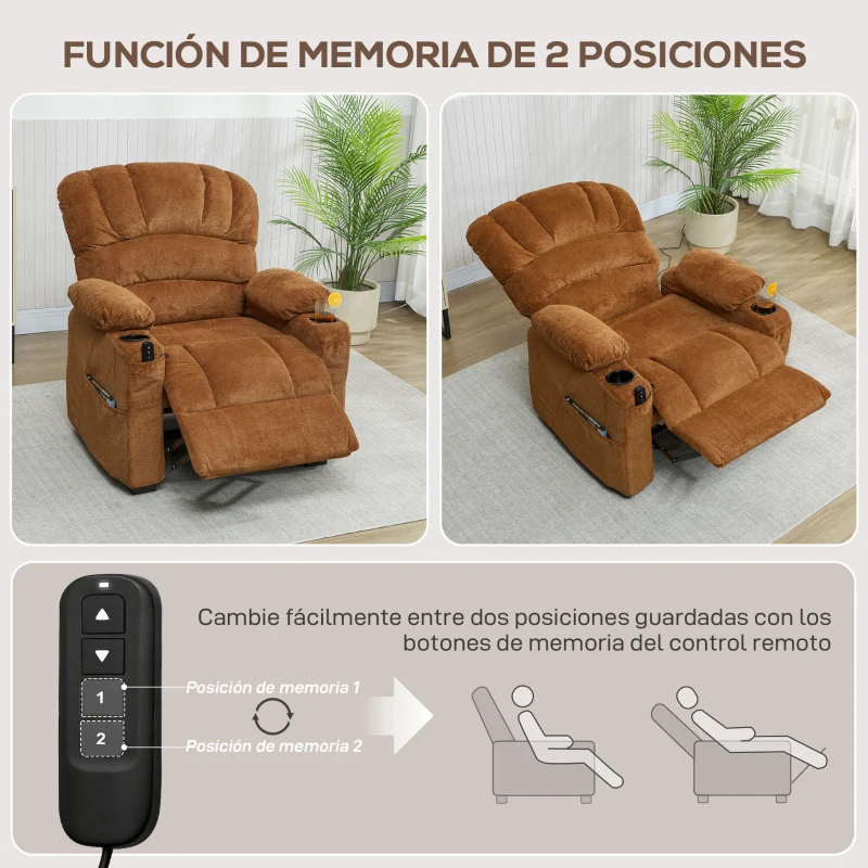 HOMCOM Sillón Relax Reclinable Eléctrico Silencioso con Función Memoria Reposapiés Mando a Distancia Bolsillo Lateral Marrón