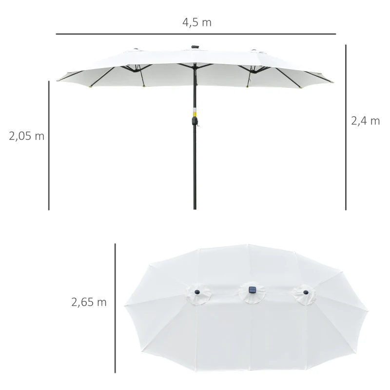 Outsunny Sombrilla Doble con 48 Luces LED 4,5x2,65 m Manivela Protección Solar para Terraza Jardín Piscina Crema