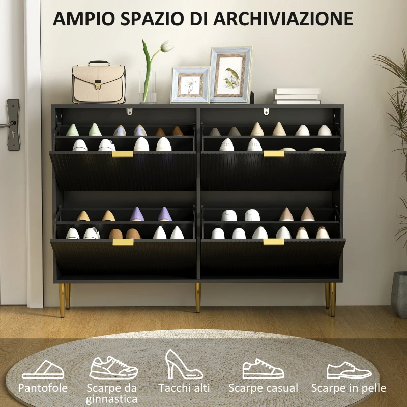 HOMCOM Scarpiera 20 paia con 4 sportelli ribaltabili, ante scanalate e ripiani regolabili, 105x24x91,5cm, nero