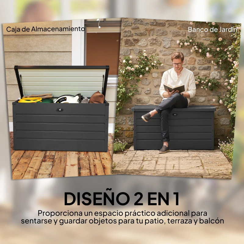 Outsunny Arcón Exterior Capacidad 311L Baúl de Almacenaje de Acero con Cerradura Llave Pistones Neumáticos 120x62x62 cm Gris