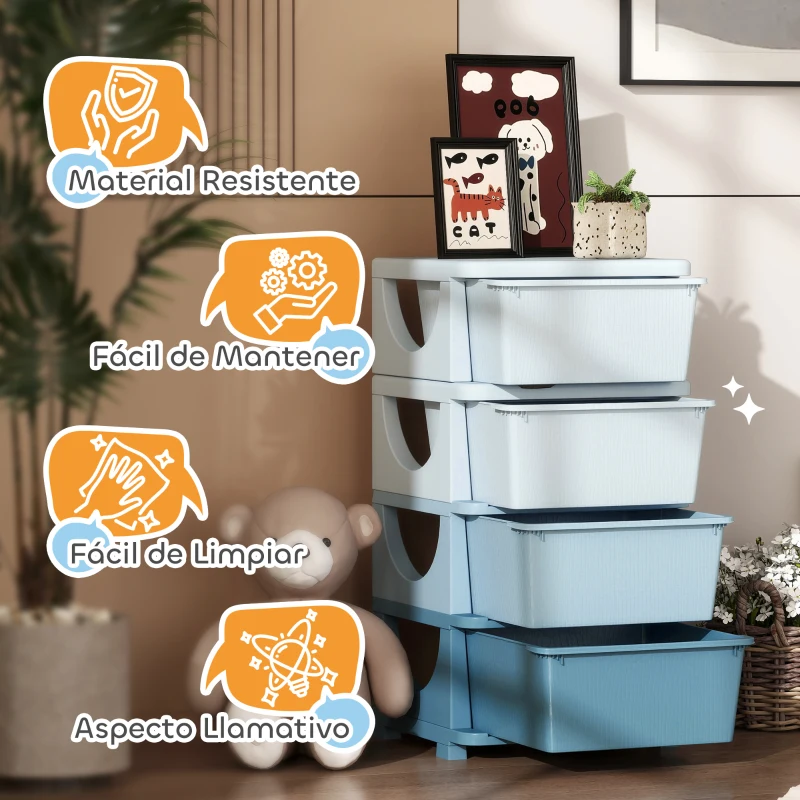 HOMCOM Torre de Almacenamiento Infantil con 4 Cajones para Niños de +3 Años con Bordes Redondeados y Asas 37x37x76 cm Azul