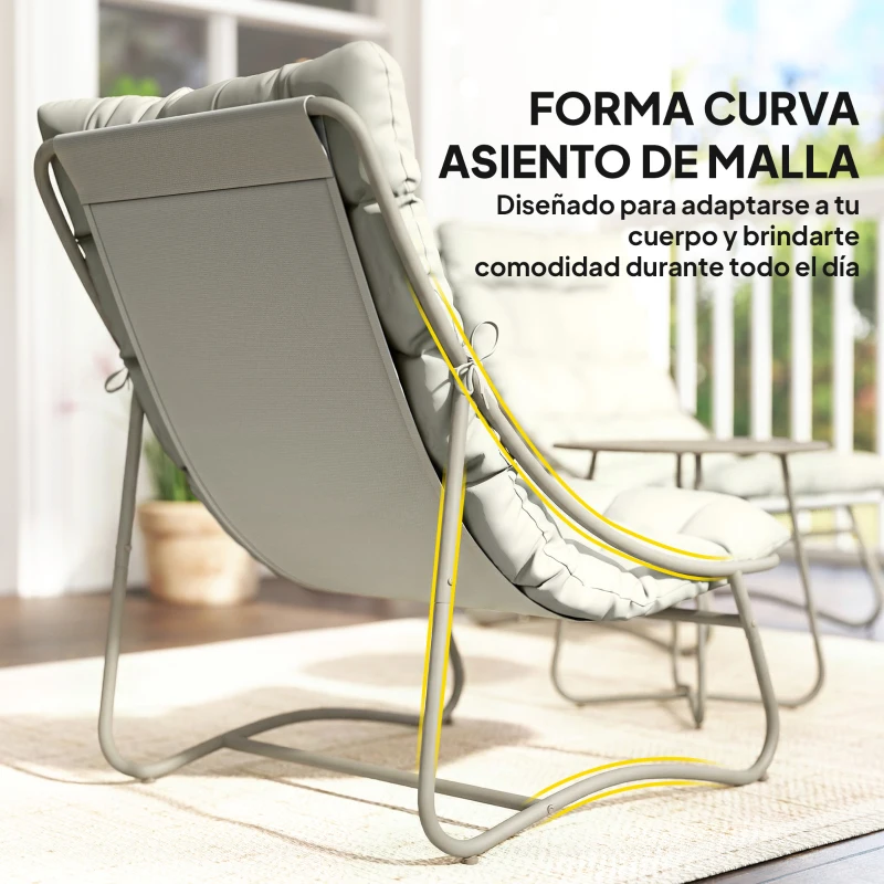 Outsunny Conjunto de Jardín de 3 Piezas con 2 Sillas Lounge Mesa de Café y Cojines para Exterior Patio Balcón Gris Claro