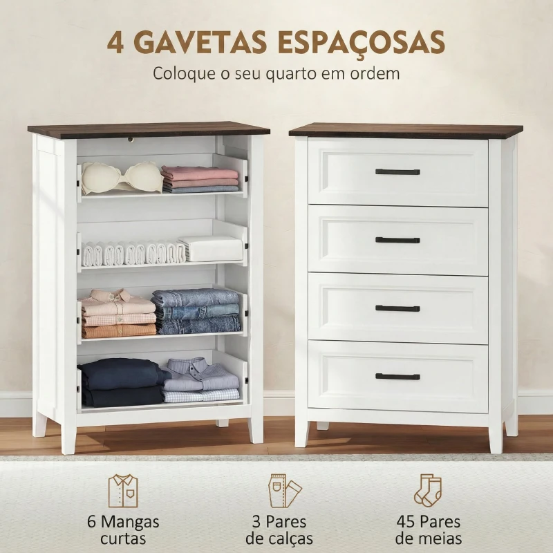 HOMCOM Cómoda 4 Gavetas Cómoda de Dormitório Estreita e Alta com Bancada com Efeito Madeira 60x35x87 cm Branco