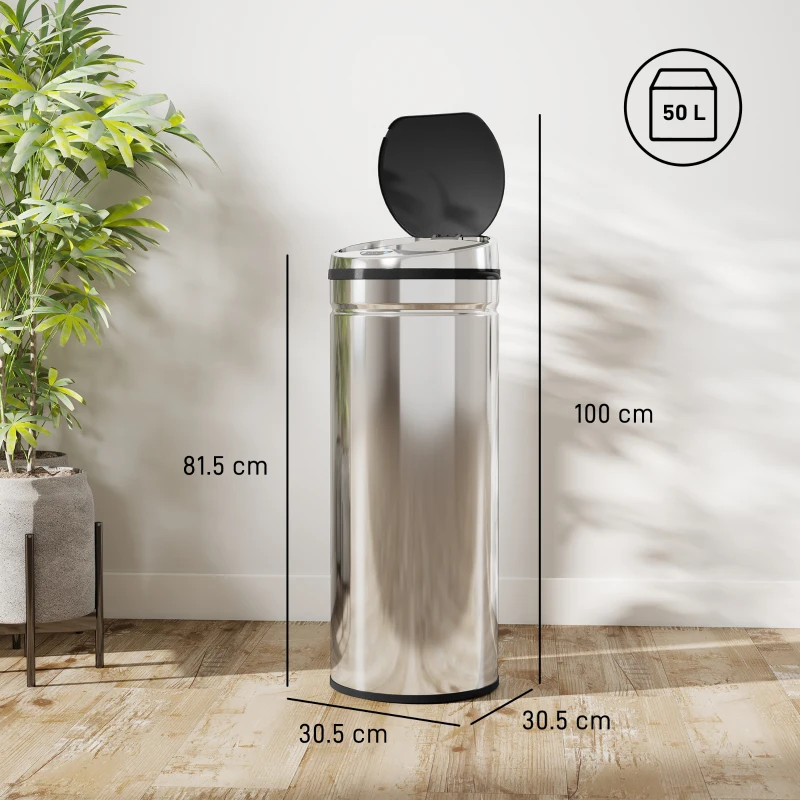 HOMCOM 50L Stainless Steel Sensor Bin - Silver Tone