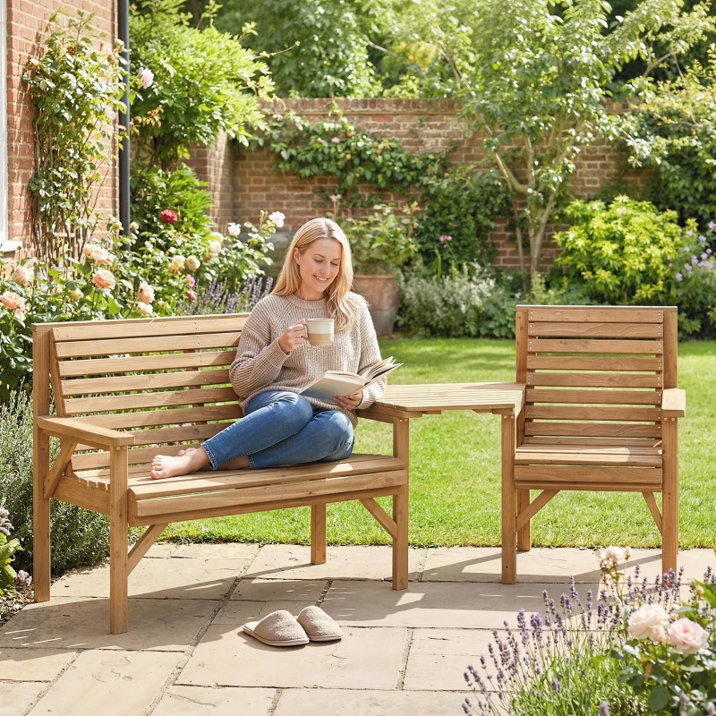 Outsunny Gartenstühle 3er-Set, Balkonmöbel Set mit Sonnenschirmloch, Gartenstuhl, Bank, abnehmbarem Tisch 121x65x90 cm Naturholz