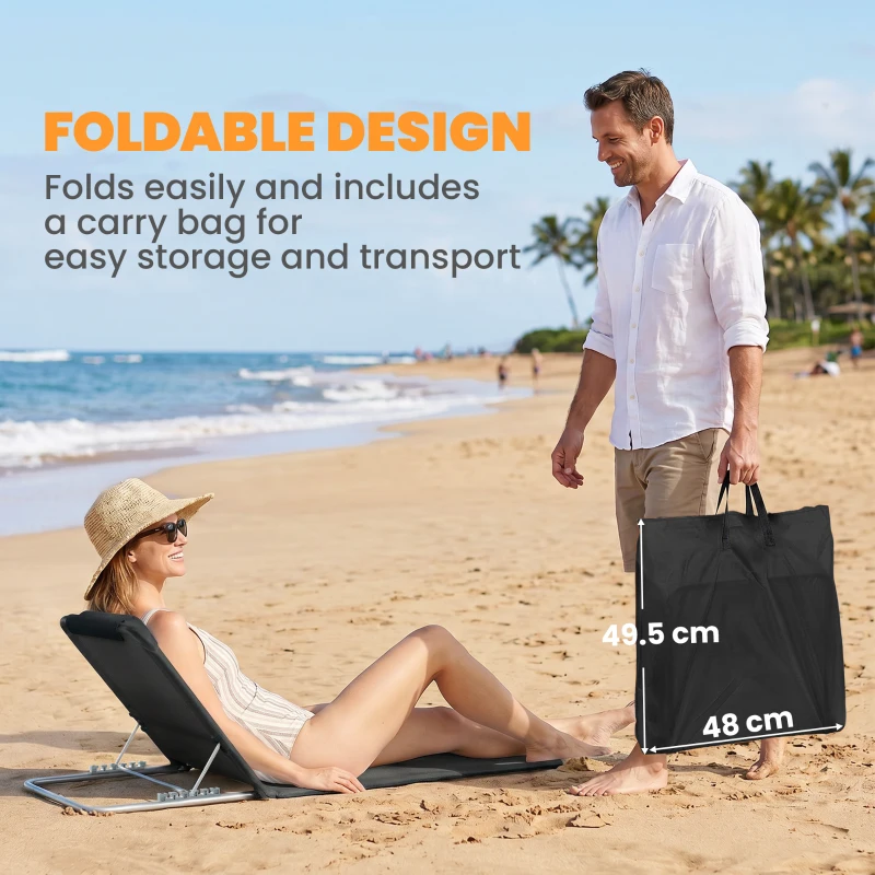 Outsunny Set of 2 Foldable Garden Beach Chair Mat Lightweight Outdoor Sun Lounger Seats Adjustable Back Metal Frame PE Fabric Head Pillow w/ Carry Bag, Black