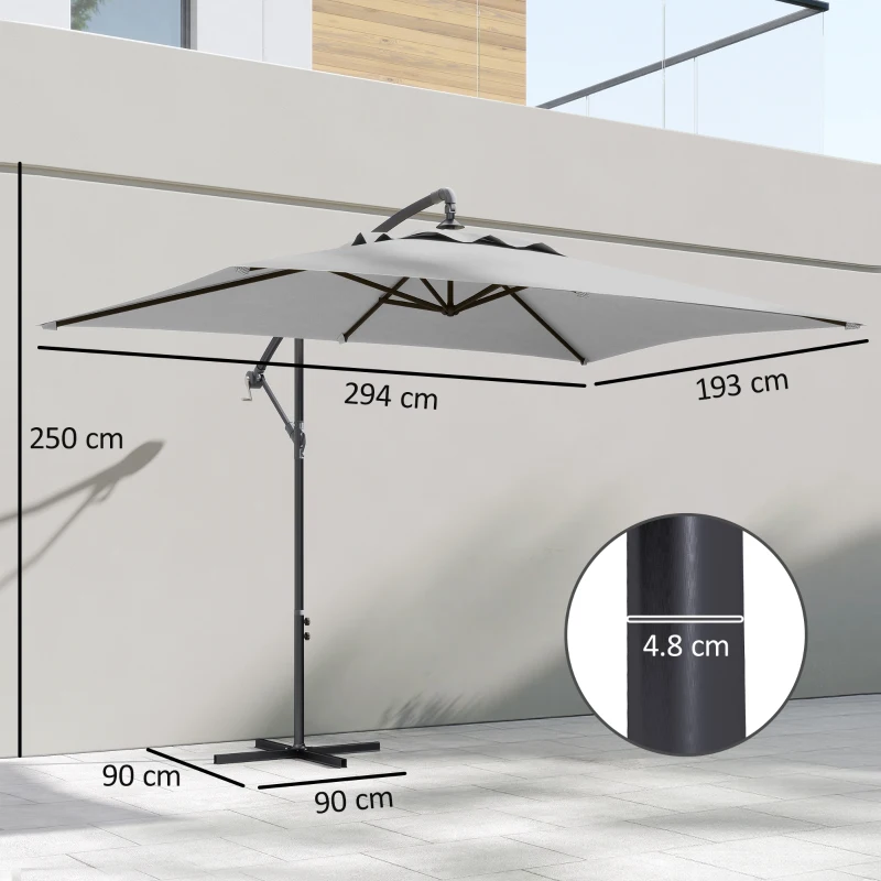 Outsunny 3(m) Cantilever Overhanging Parasol, with Cross Base - Light Grey