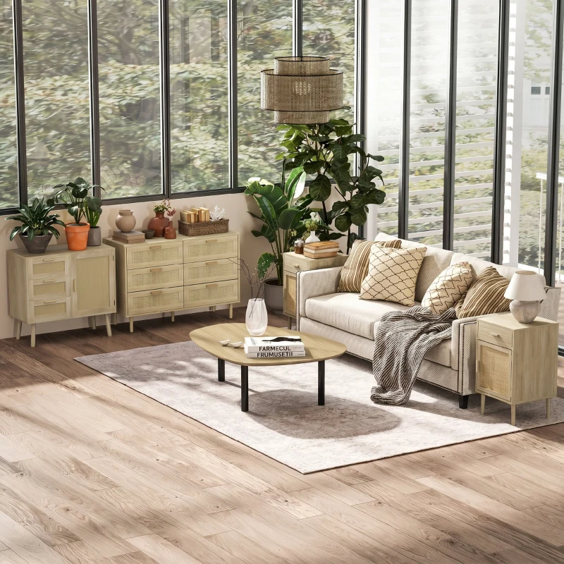 HOMCOM Cassettiera 6 Cassetti in Legno e Rattan Stile Boho per Soggiorno e Camera da Letto, 110x40x75 cm
