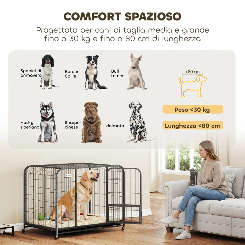 PawHut Gabbia per Cani in Acciaio con Ruote, 3 Porte, Vassoio Rimovibile e Chiusura Sicura, Nero