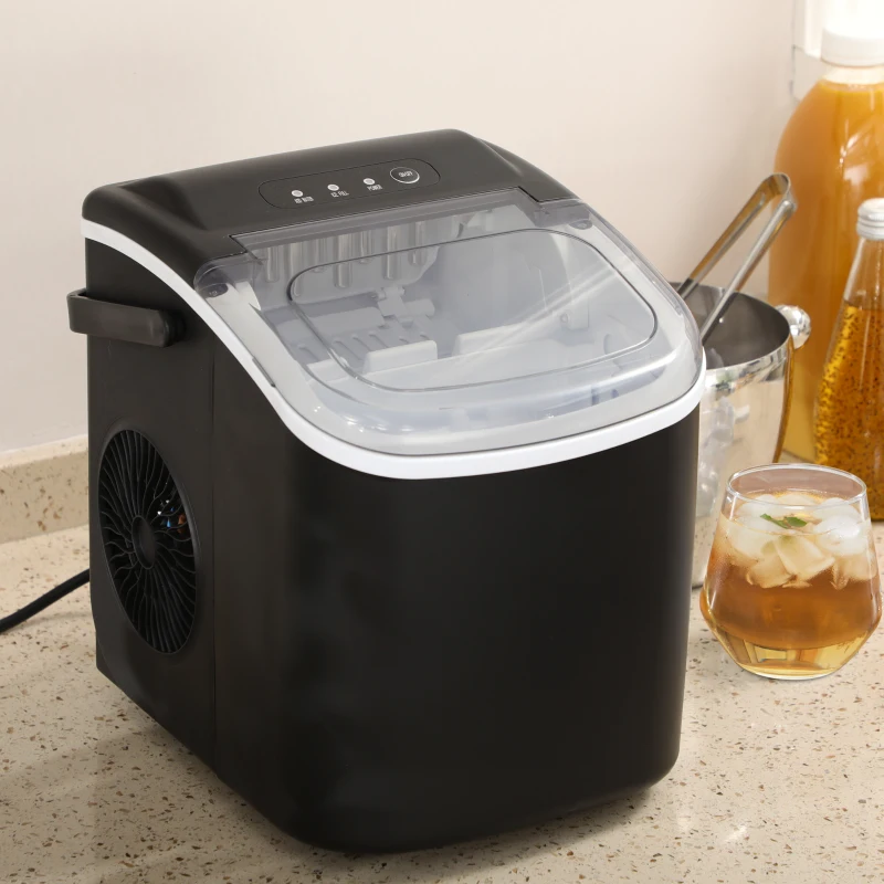 HOMCOM Machine à glaçons, 12kg en 24h, 9 glaçons en 6-12 minutes, ice maker avec poignée, panier et pelle, 22,2x29,4x29cm, noir