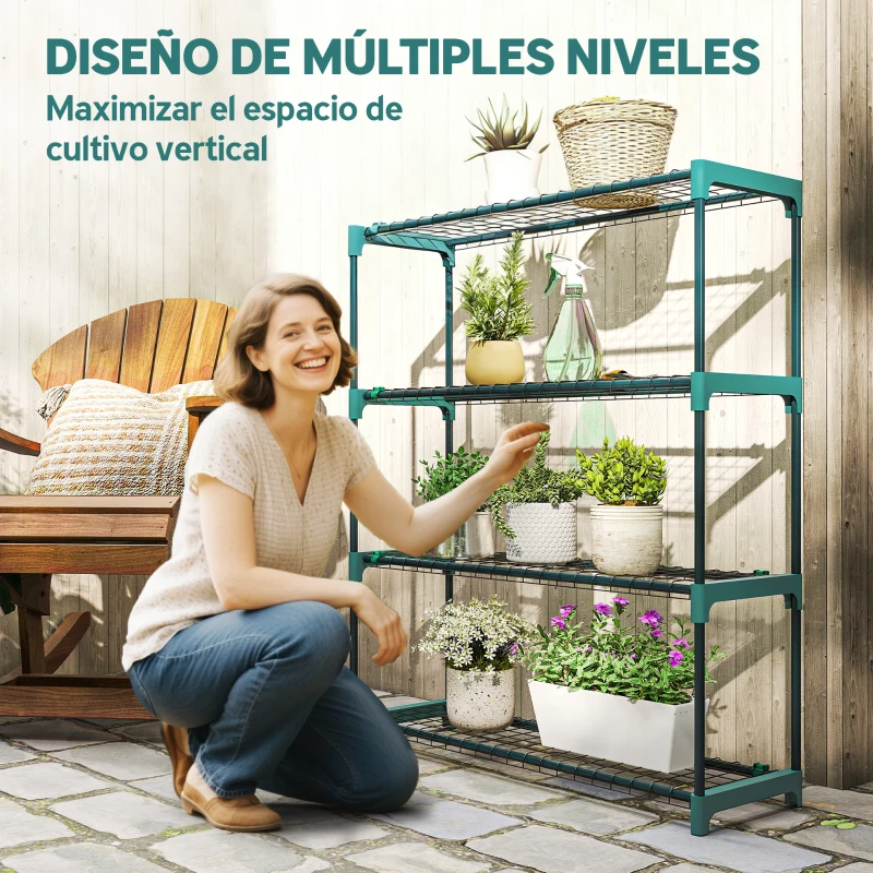 Outsunny Juego de 2 Soportes para Plantas de 4 Niveles Interior y Exterior Estantes Metálicos con Conectores Fácil Montaje Verde