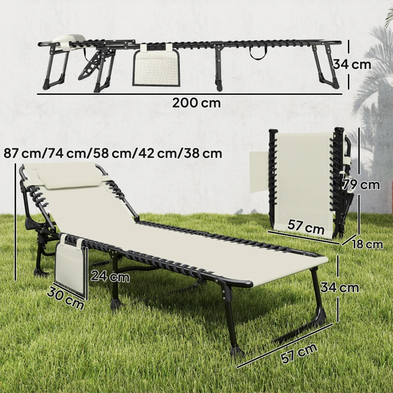 Outsunny Set de 2 Tumbonas Plegables con Reposacabezas Bolsillo Lateral y Respaldo Reclinable en 5 Posiciones Blanco Crema