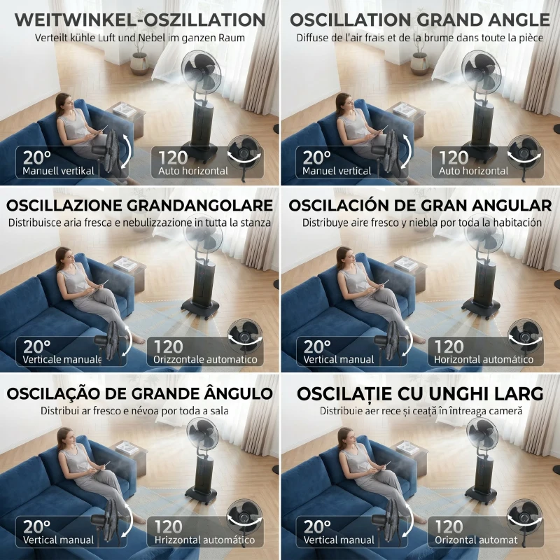 HOMCOM Ventilator de Podea 3 în 1 Oscilant cu Nebulizator de Apă, Telecomandă și Timer 9h, 45x38x130 cm, Negru