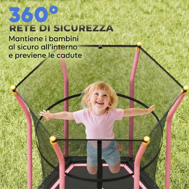 HOMCOM Tappeto Elastico per Bambini con Ingresso a Cerniera e Pali Imbottiti, in Acciaio, PP e EPE, Ø163.5x190 cm, Rosa