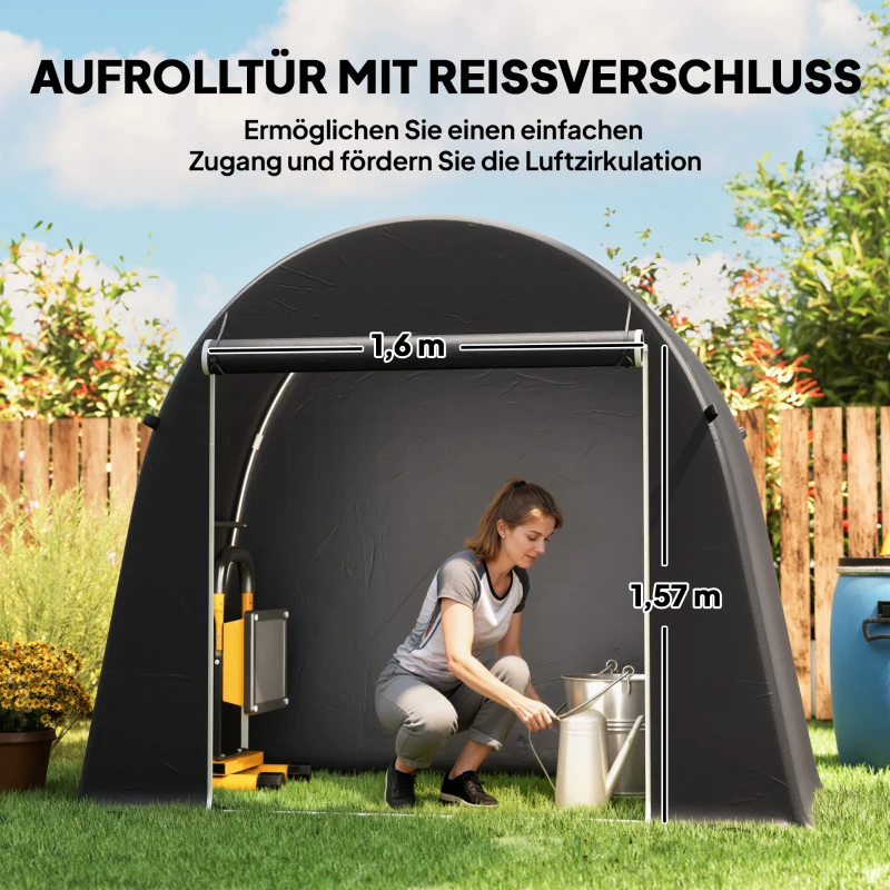 Outsunny Tragbarer Gartenschuppen, Fahrradzelt, Rolltür mit Reißverschluss, Metallrahmen, vielseitige Aufbewahrung, Kunststoff-Abdeckung, Dunkelgrau