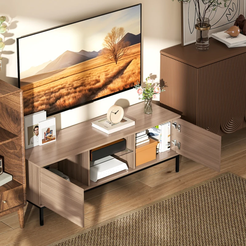 HOMCOM Móvel TV para Sala de Estar com 2 Compartimentos Abertos  Prateleira de Vidro Ajustável para Televisão até 60 Polegadas 140x40x49,5 cm Madeira