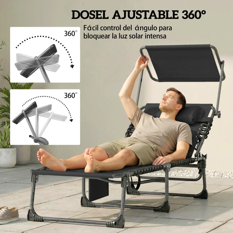 Outsunny Set de 2 Tumbonas Plegables con Reposacabezas Parasol Bolsillo Lateral y Respaldo Reclinable en 5 Posiciones Negro