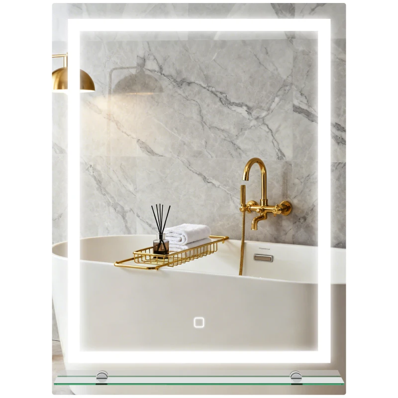 kleankin Espejo para Baño 60x80 cm con 3 Colores de Luz Estante de Vidrio Función de Memoria e Interruptor Táctil Plata