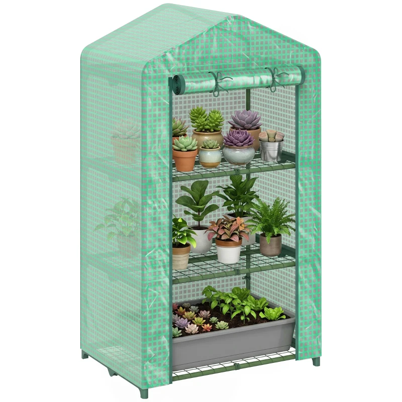 Outsunny Invernadero de Jardín de 3 Niveles Puerta Enrollable Marco de Metal Cubierta de PE Anti-UV 69x49x125 cm Verde