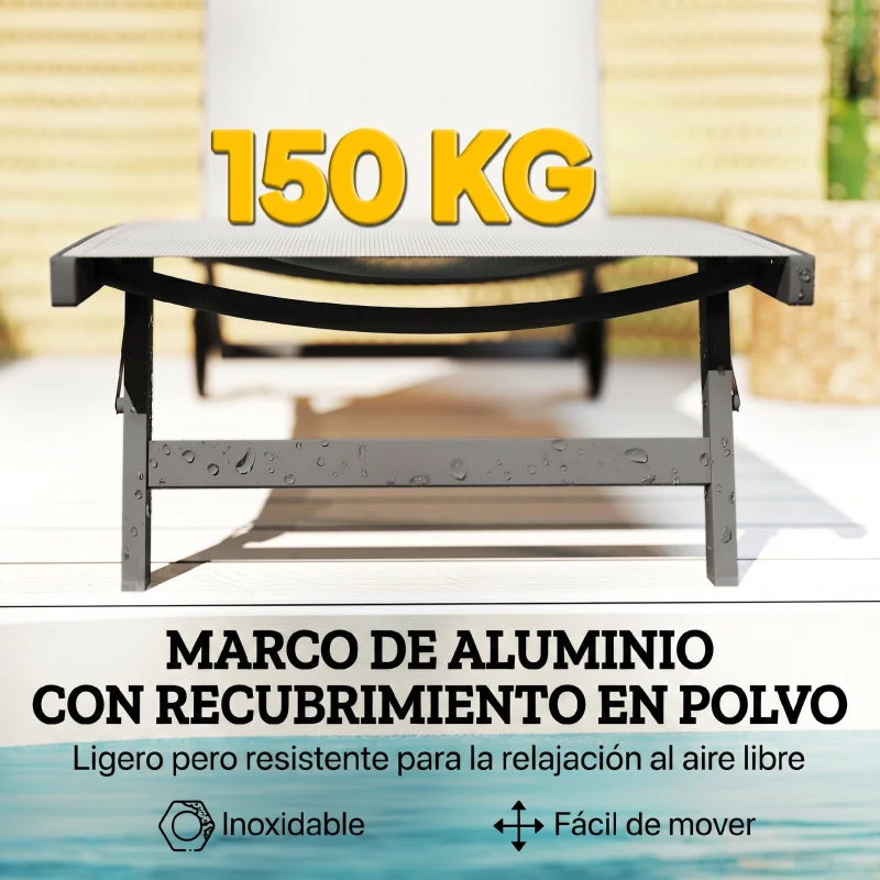 Outsunny Juego de 2 Tumbonas Reclinables de Jardín de Aluminio con Respaldo Ajustable y Ruedas 165x66x102 cm Blanco Mate