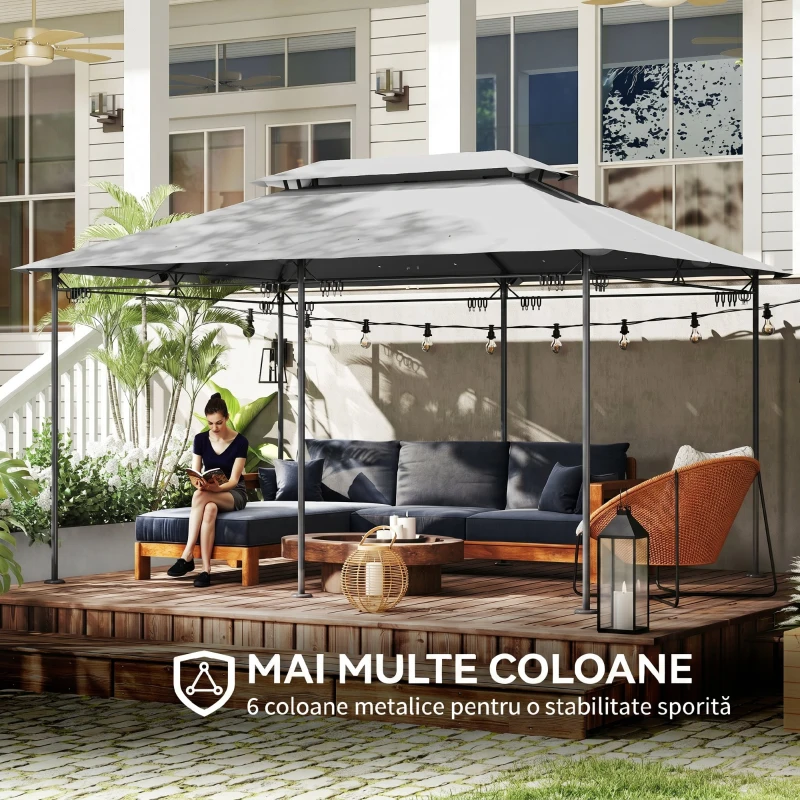 Outsunny Pavilion de Grădină cu Acoperiș Dublu, 397x297x265 cm, Alb Crem