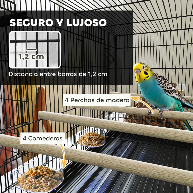 PawHut Jaula para Pájaros con Divisor 4 Comederos 4 Perchas Bandeja Extraíble para Loros Canarios Periquitos 76x46x46 cm Negro