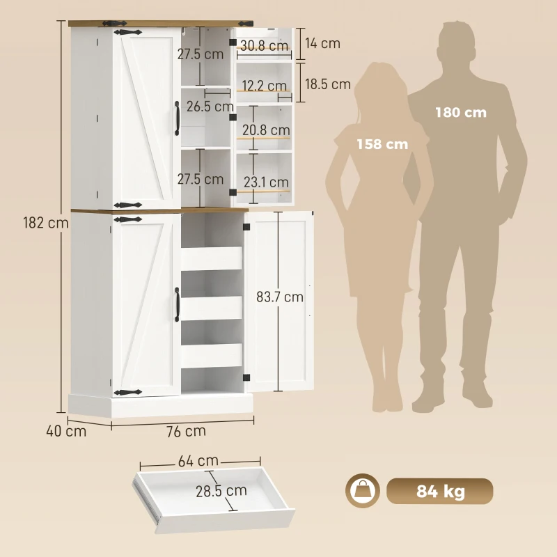 HOMCOM Credenza da Cucina Alta con 4 Porte, 3 Cassetti, 8 Portaspezie e Ripiani Regolabili, 76x40x182 cm, Bianco