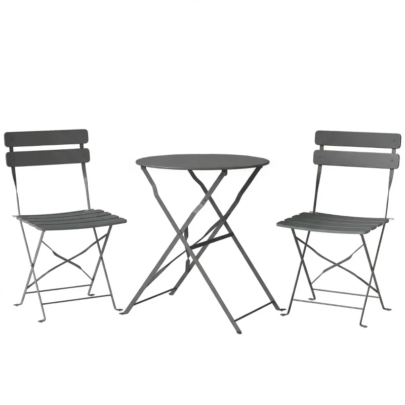 Outsunny Ensemble de Bistrot Jardin 3 Pièces Table et 2 Chaises Pliantes avec Double Protection Anti-Rouille Métal Gris