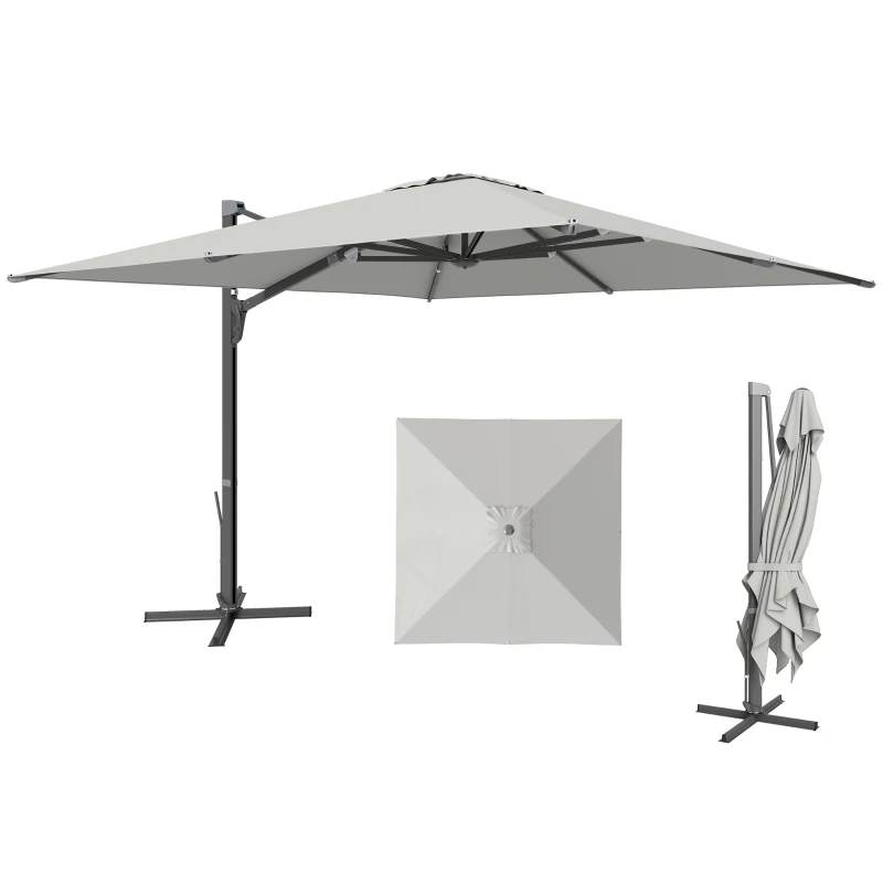 Outsunny Alu Ampelschirm 3 x 3 m 360° drehbar Sonnenschirm mit Kurbel Ständer Windschutz Hellgrau