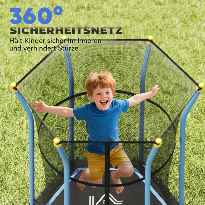 HOMCOM Trampolin für Kinder, Ø163,5 cm, mit Sicherheitsnetz, gepolstert, Stahl, belastbar bis 50 kg, Schwarz & Blau