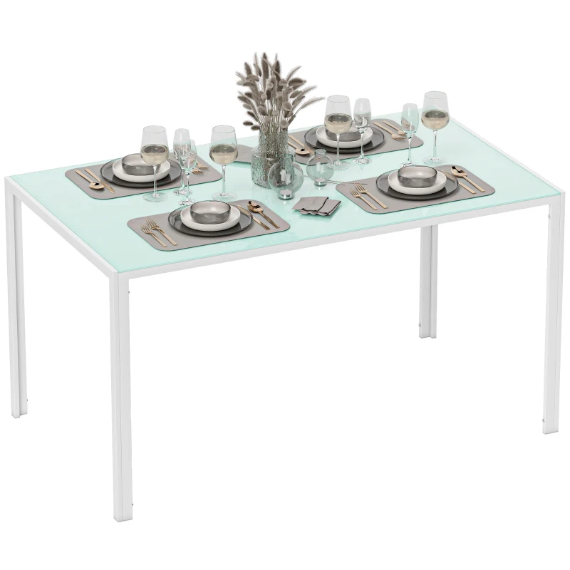 HOMCOM Mesa de Comedor de Cristal Rectangular para 6 Personas con Patas de Metal para Cocina Salón 140x80x75 cm Blanco