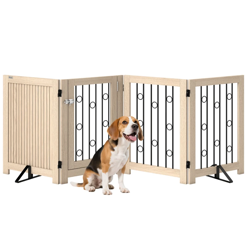 PawHut 4 Panel Freestanding Pet Gate, Indoor Dog Barrier with Lockable Door, Support Feet, 360° Flexible Hinges, Oak
