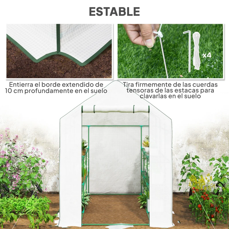 Outsunny Invernadero de Exterior con 12 Estantes Puerta Enrollable Cubierta de PE y Marco de Acero 140x213x190 cm Blanco