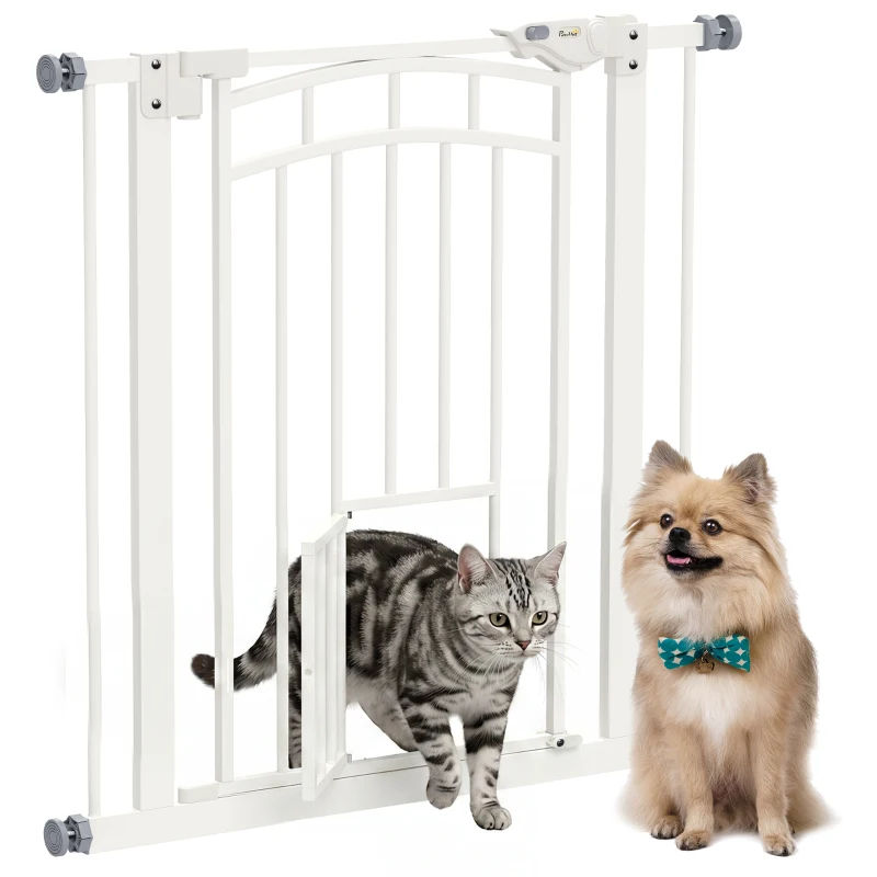 PawHut Barrera de Seguridad para Perros 74-80 cm con Montaje a Presión Doble Bloqueo Extensión para Puerta Escalera Blanco