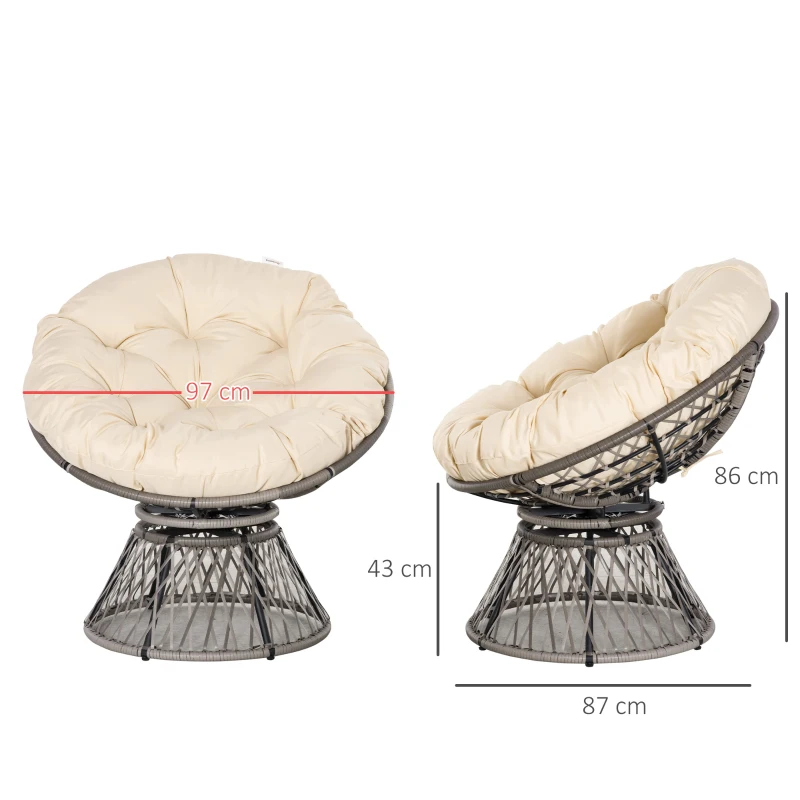 Outsunny Sillón Papasan Giratorio de Ratán Sintético con Cojín Carga 160 kg para Exterior Jardín Terraza 87x97x86 cm Gris y Crema