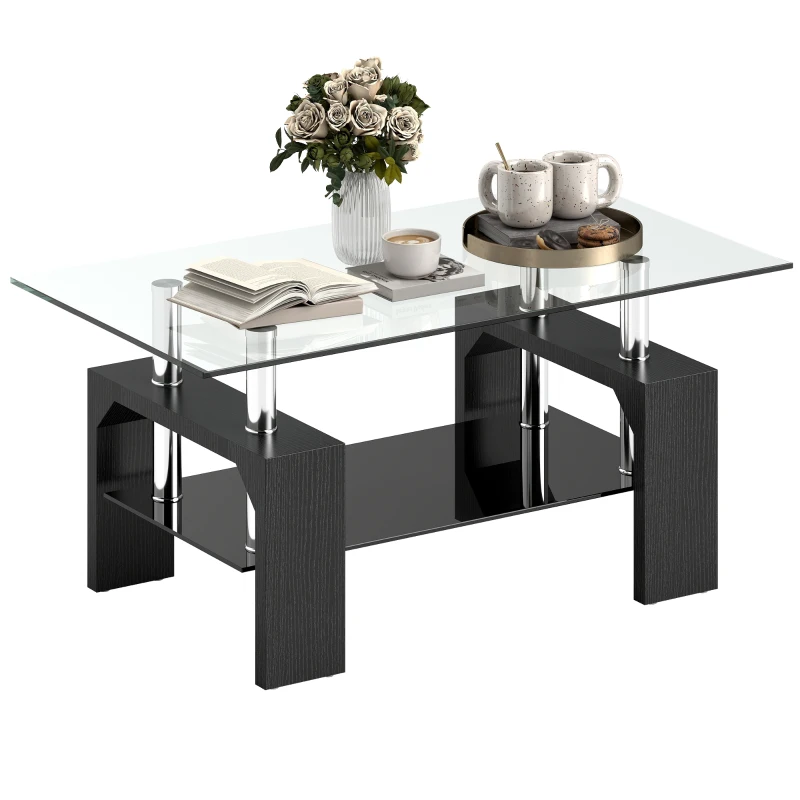 HOMCOM Tavolino da Caffè Moderno a 2 Livelli in Legno e Acciaio con Piano in Vetro Temperato, 90x50x42 cm, Nero